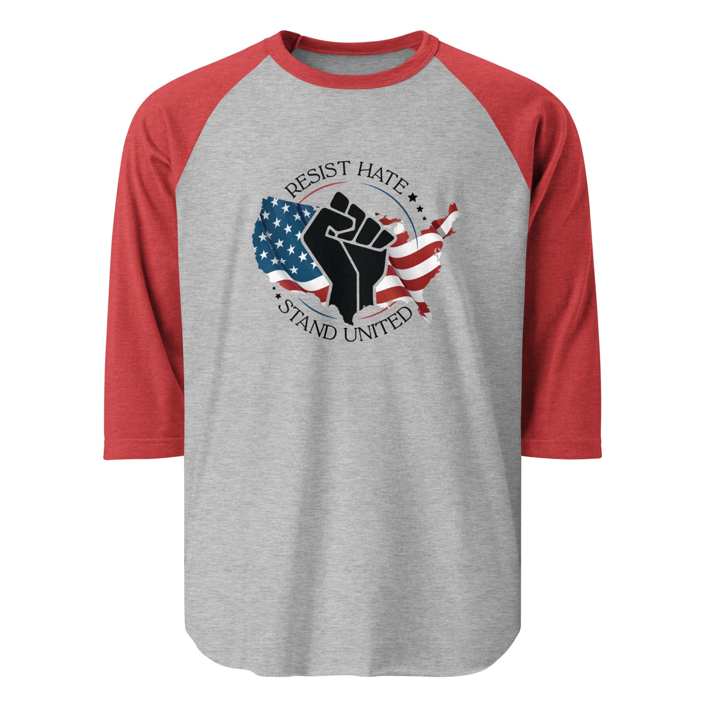 Resist Hate, Stand United - 3/4 Sleeve Raglan T-Shirt - Supporting Black Lives Matter and Equal Rights for All Americans Shirts & Tops Woke American Apparel Heather Grey/Heather Red XS