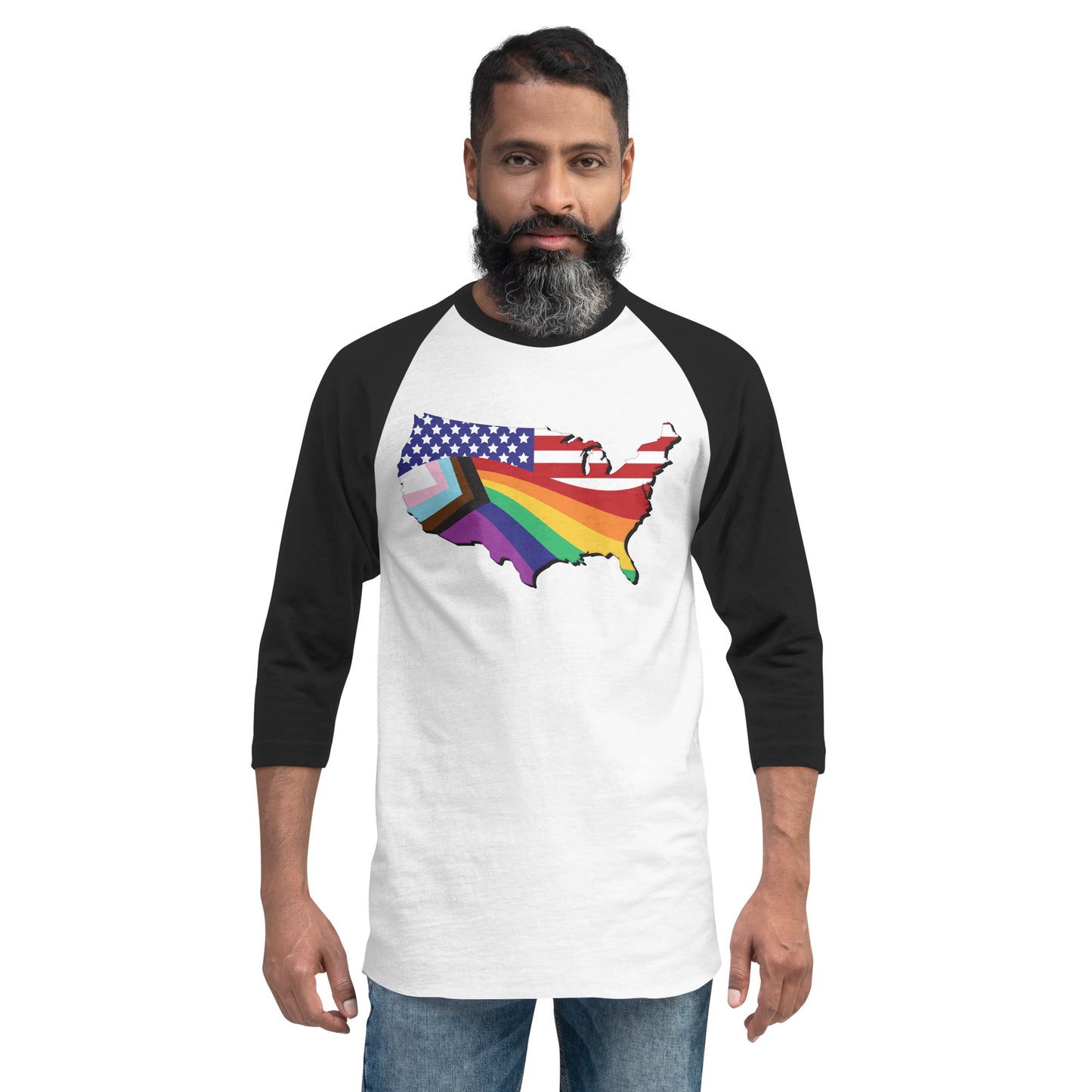 US Map Old Glory Pride - 3/4 Sleeve Raglan Shirt - Supporting Equal Rights for All Americans Shirts & Tops Woke American Apparel White/Black XS