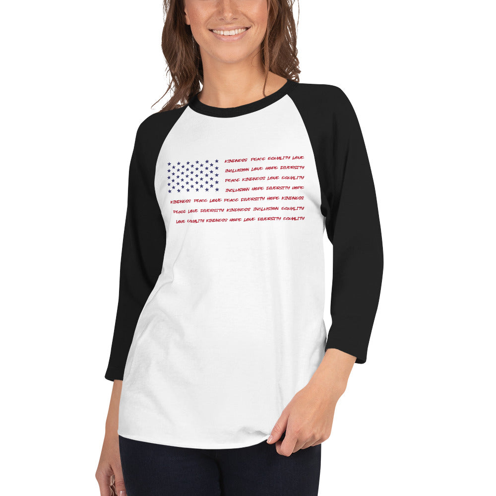Flag Words of Kindness - 3/4 Sleeve Raglan Shirt - Supporting Equal Rights for All Americans Shirts & Tops Woke American Apparel White/Black XS