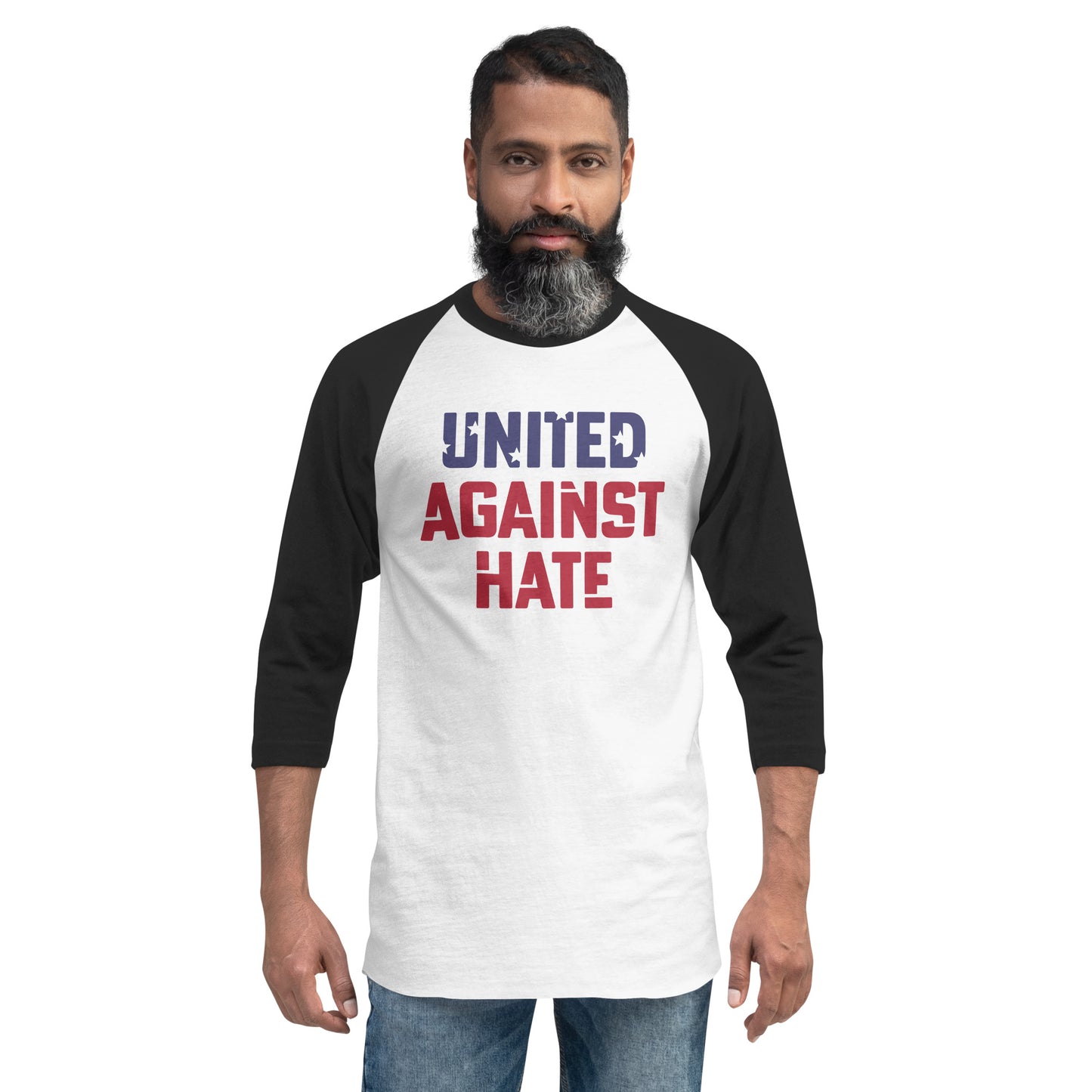 United Against Hate - 3/4 Sleeve Raglan T-Shirt - Supporting Black Lives Matter and Equal Rights for All Americans Shirts & Tops Woke American Apparel White/Black XS
