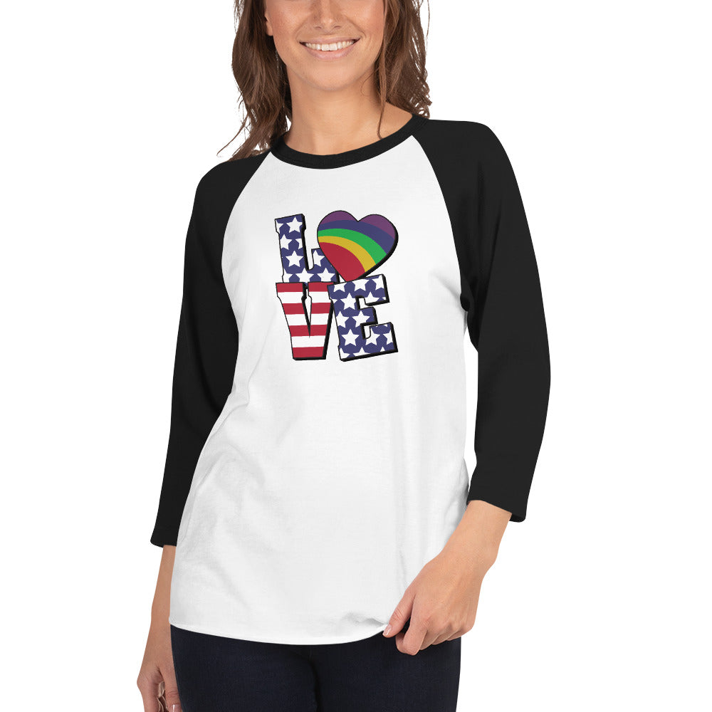 Old Glory Love with Rainbow Heart - 3/4 Sleeve Raglan T-Shirt - Supporting Equal Rights for All Americans Shirts & Tops Woke American Apparel White/Black XS