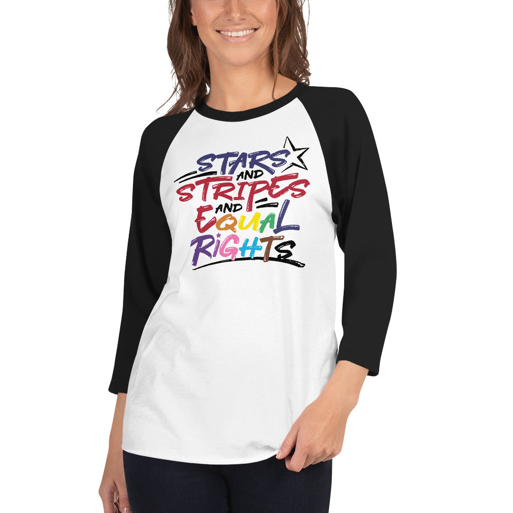 Stars and Stripes and Equal Rights (Rainbow Letters) - 3/4 Sleeve Raglan Shirt - Supporting Equal Rights for All Americans Shirts & Tops Woke American Apparel White/Black XS
