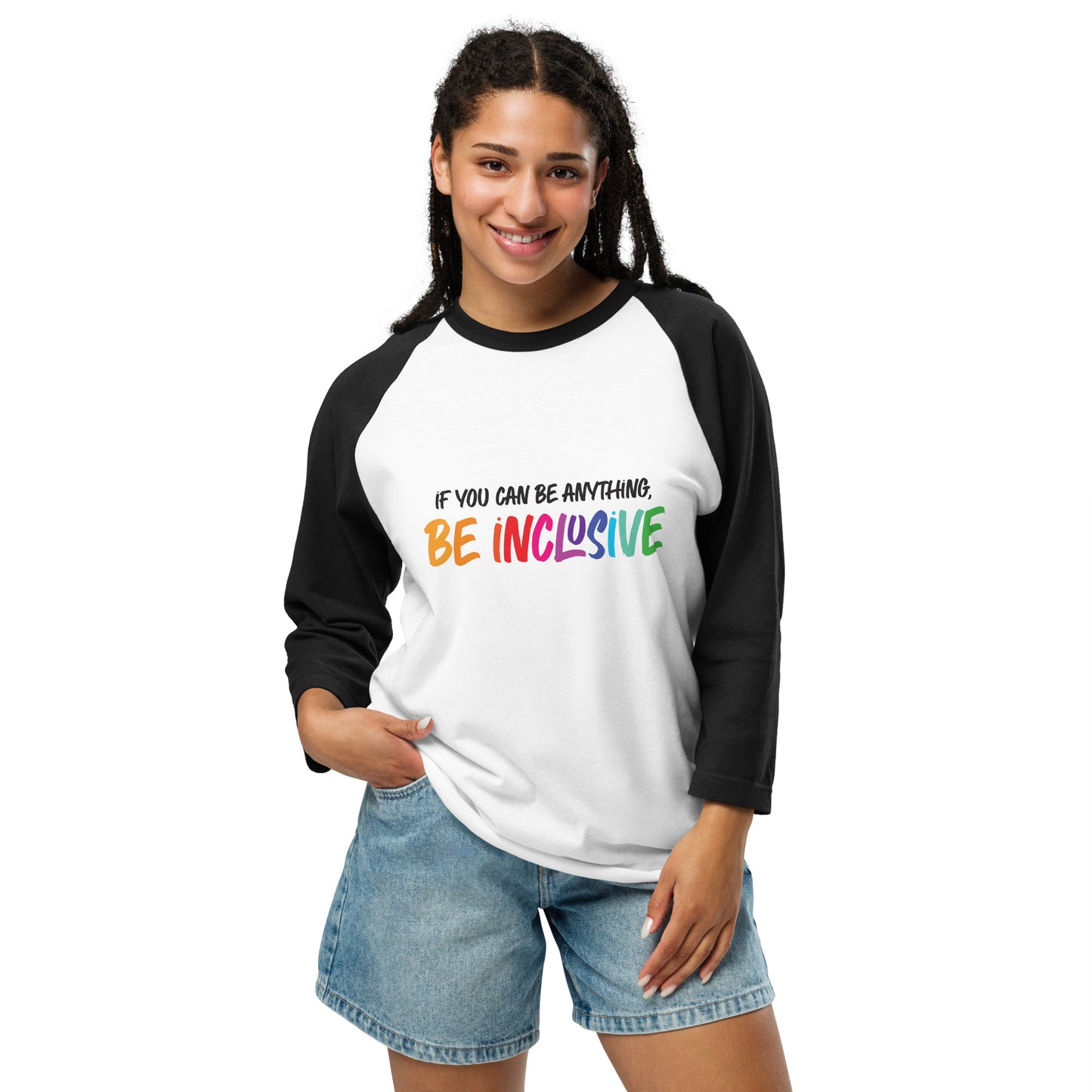 Be Inclusive - 3/4 Sleeve Raglan T-Shirt - Supporting Equal Rights for All Americans Shirts & Tops Woke American Apparel White/Black XS