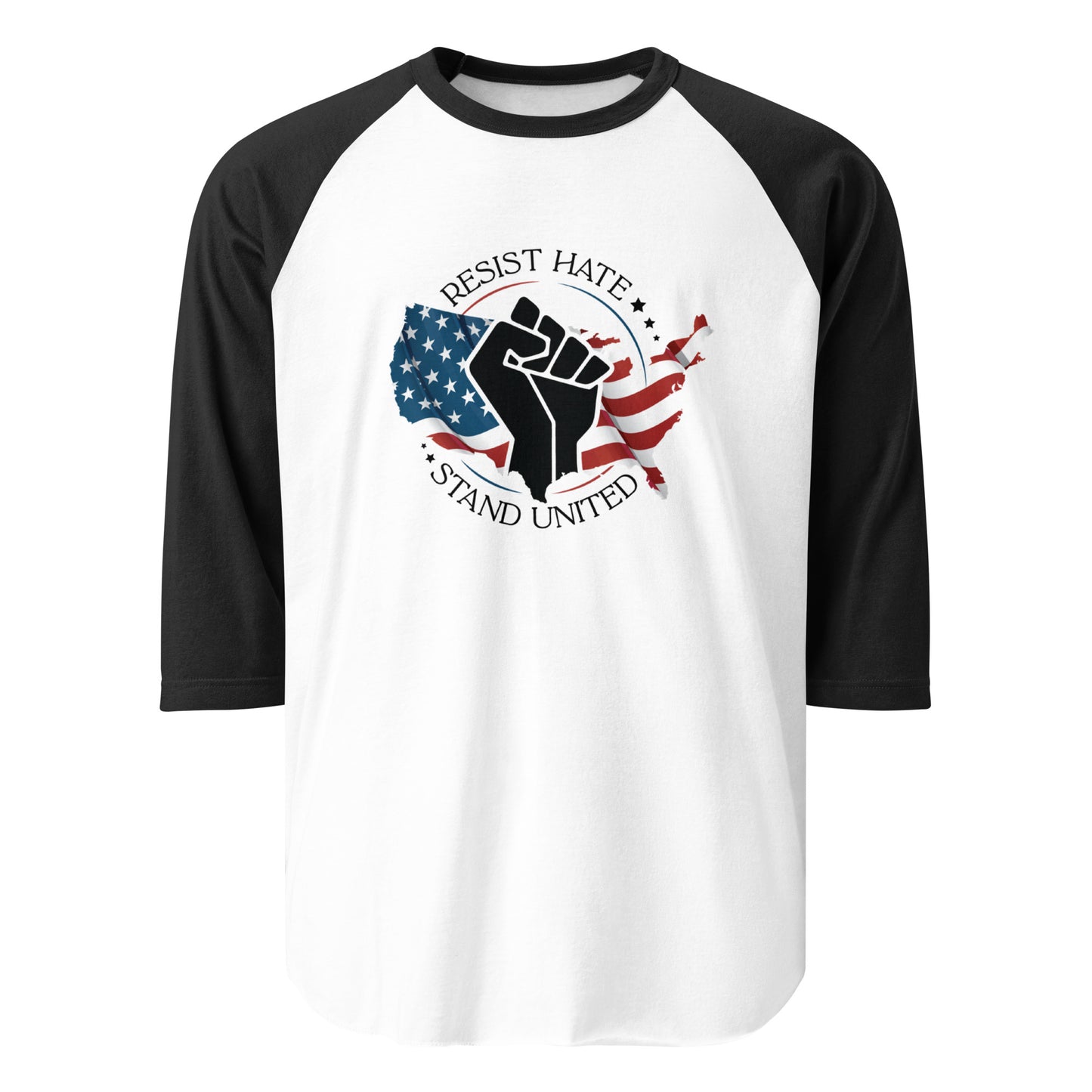 Resist Hate, Stand United - 3/4 Sleeve Raglan T-Shirt - Supporting Black Lives Matter and Equal Rights for All Americans Shirts & Tops Woke American Apparel White/Black XS