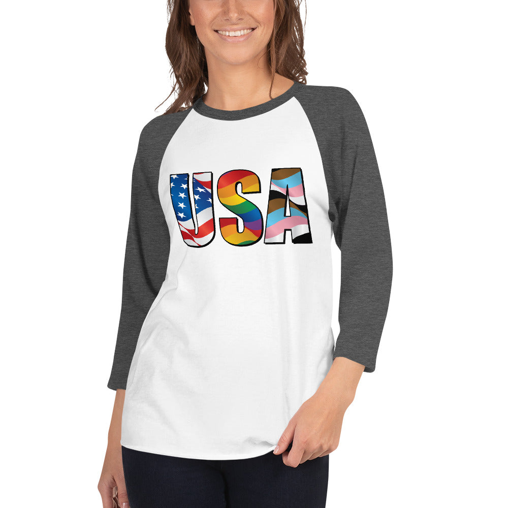 USA Pride - 3/4 Sleeve Raglan Shirt - Supporting Equal Rights for All Americans Shirts & Tops Woke American Apparel White/Heather Charcoal XS
