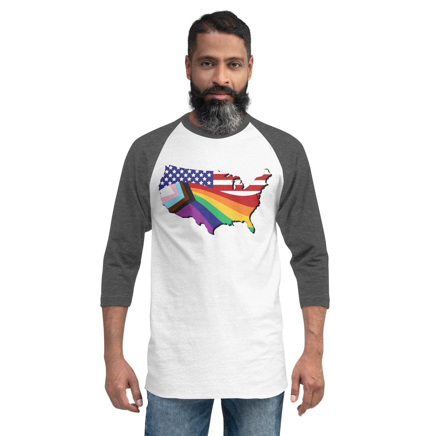 US Map Old Glory Pride - 3/4 Sleeve Raglan Shirt - Supporting Equal Rights for All Americans Shirts & Tops Woke American Apparel White/Heather Charcoal XS