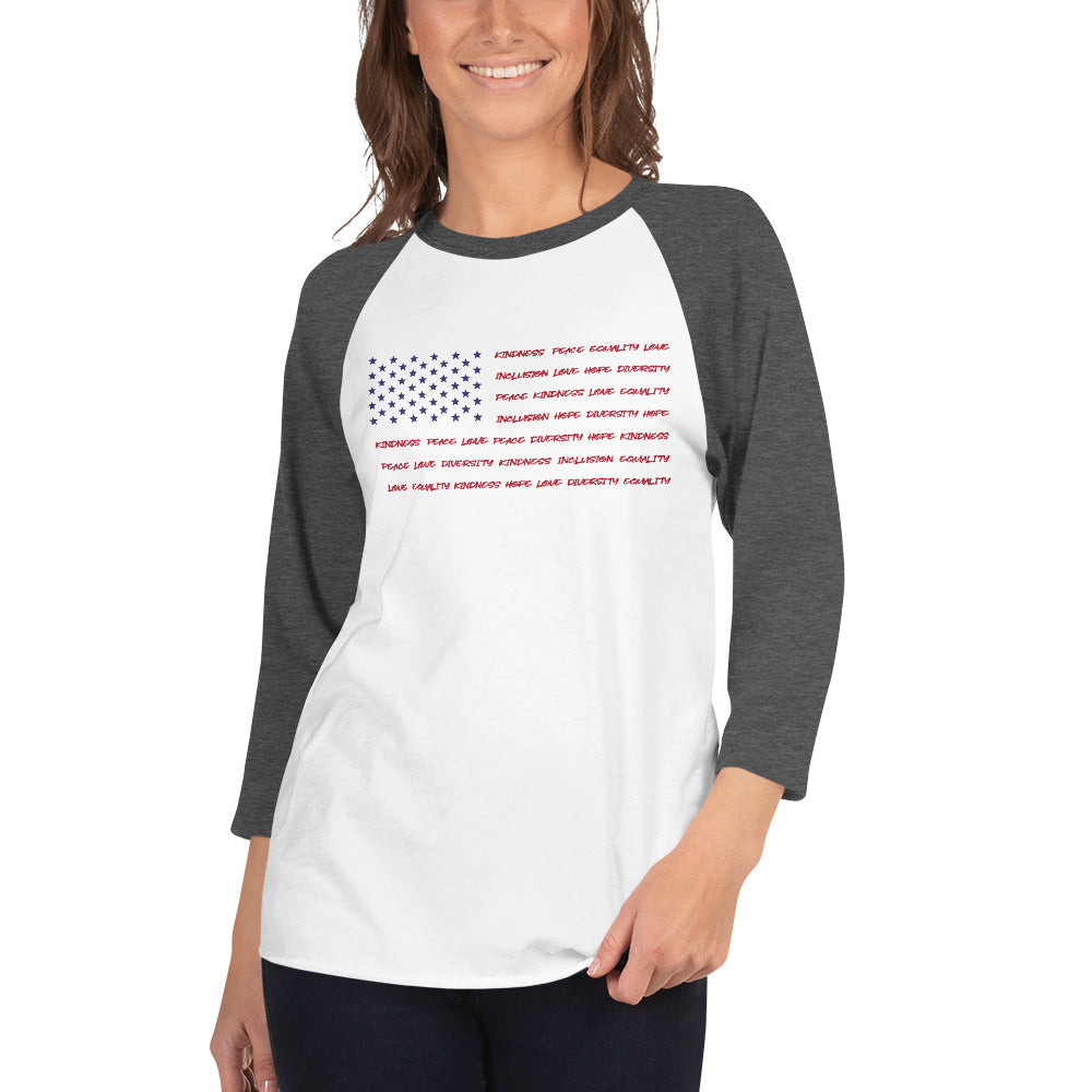 Flag Words of Kindness - 3/4 Sleeve Raglan Shirt - Supporting Equal Rights for All Americans Shirts & Tops Woke American Apparel White/Heather Charcoal XS