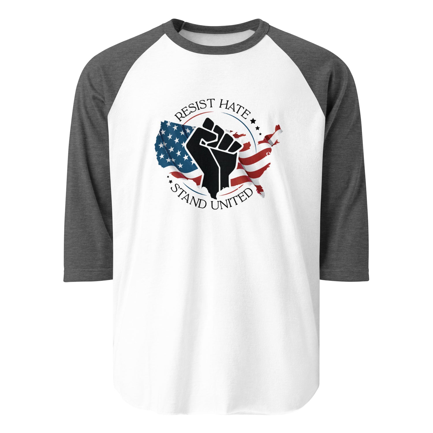 Resist Hate, Stand United - 3/4 Sleeve Raglan T-Shirt - Supporting Black Lives Matter and Equal Rights for All Americans Shirts & Tops Woke American Apparel White/Heather Charcoal XS