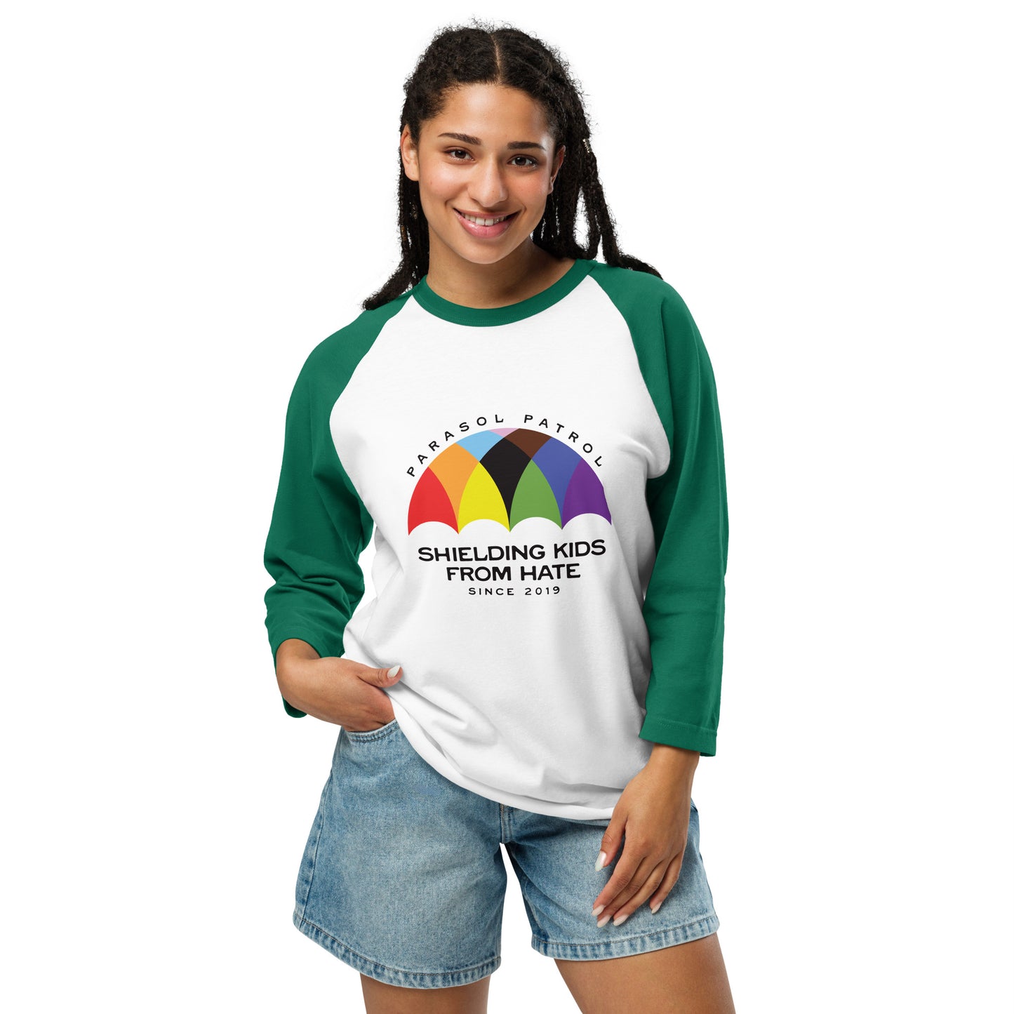 Parasol Patrol - 3/4 Sleeve Raglan T-Shirt Shirts & Tops Woke American Apparel White/Kelly XS