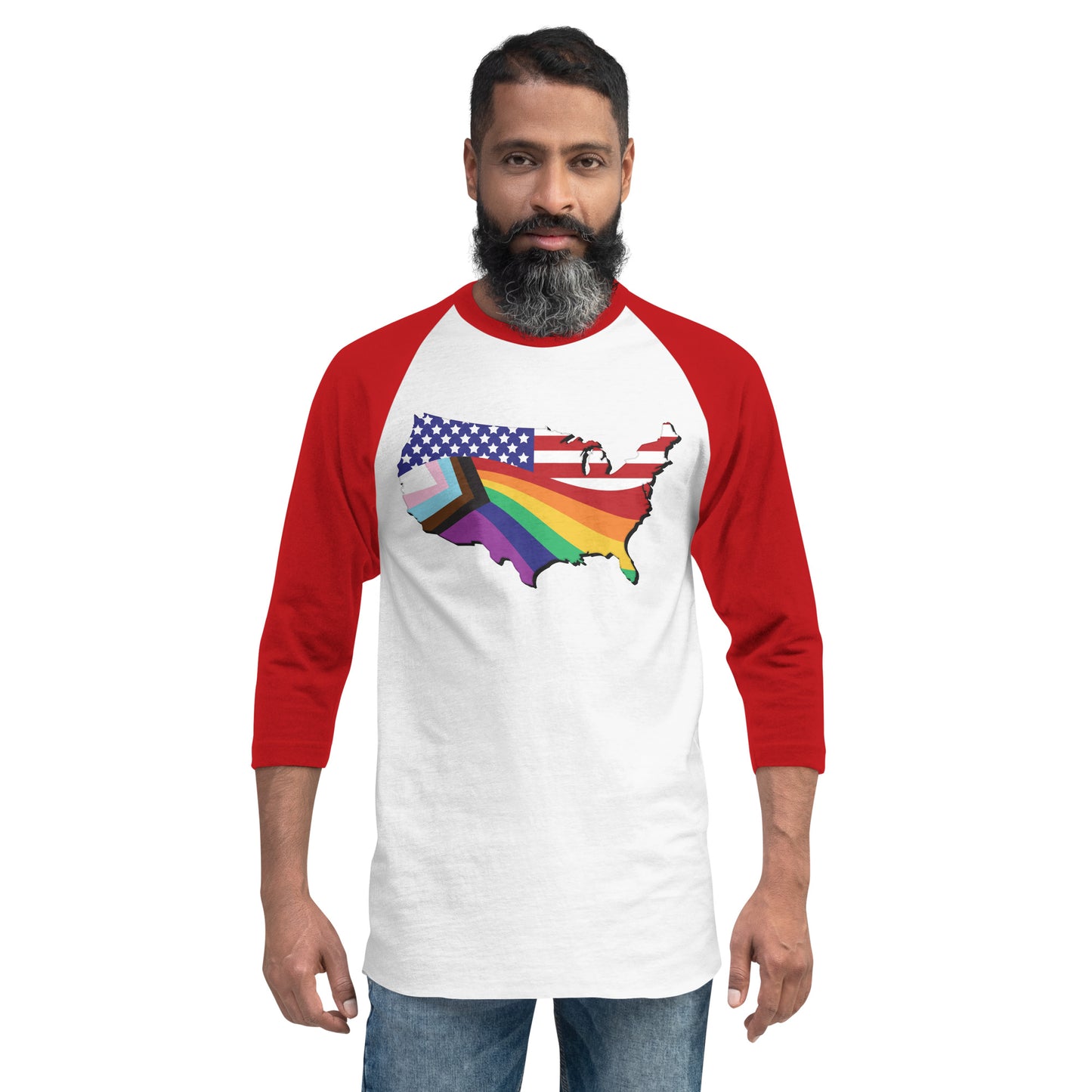 US Map Old Glory Pride - 3/4 Sleeve Raglan Shirt - Supporting Equal Rights for All Americans Shirts & Tops Woke American Apparel White/Red XS