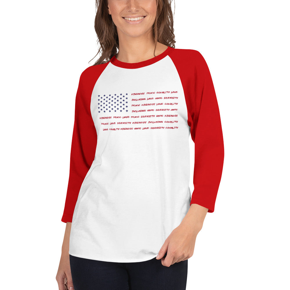 Flag Words of Kindness - 3/4 Sleeve Raglan Shirt - Supporting Equal Rights for All Americans Shirts & Tops Woke American Apparel White/Red XS