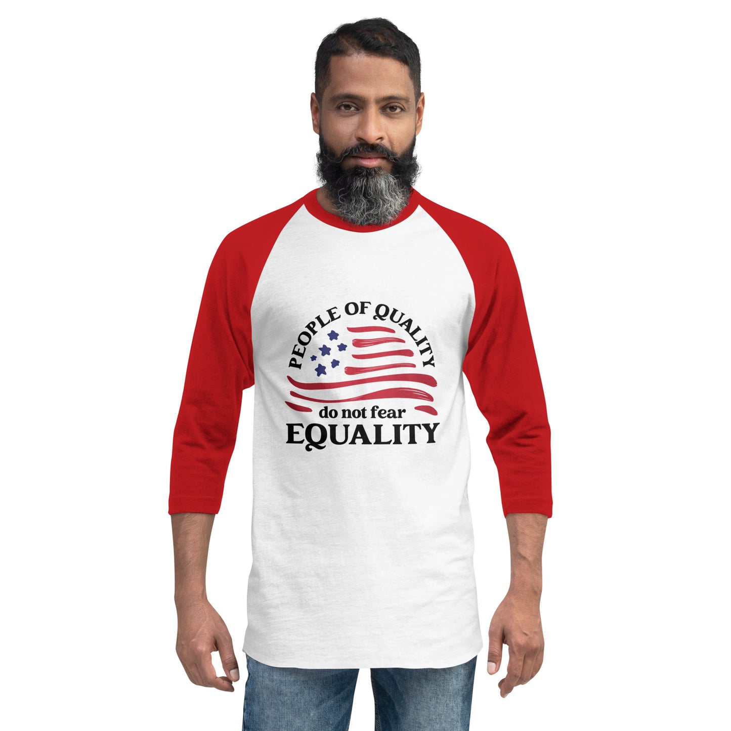 People of Quality Do Not Fear Equality - 3/4 Sleeve Raglan Shirt - Supporting Equal Rights for All Americans Shirts & Tops Woke American Apparel White/Red XS