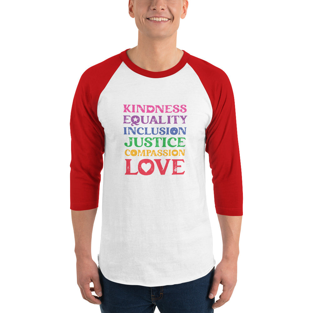 Kindness Equality Inclusion Justice Compassion Love (Rainbow) - 3/4 Sleeve Raglan Shirt - Supporting Equal Rights for All Americans Shirts & Tops Woke American Apparel White/Red XS