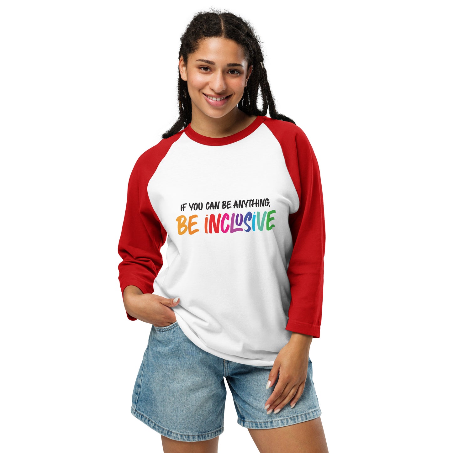 Be Inclusive - 3/4 Sleeve Raglan T-Shirt - Supporting Equal Rights for All Americans Shirts & Tops Woke American Apparel White/Red XS