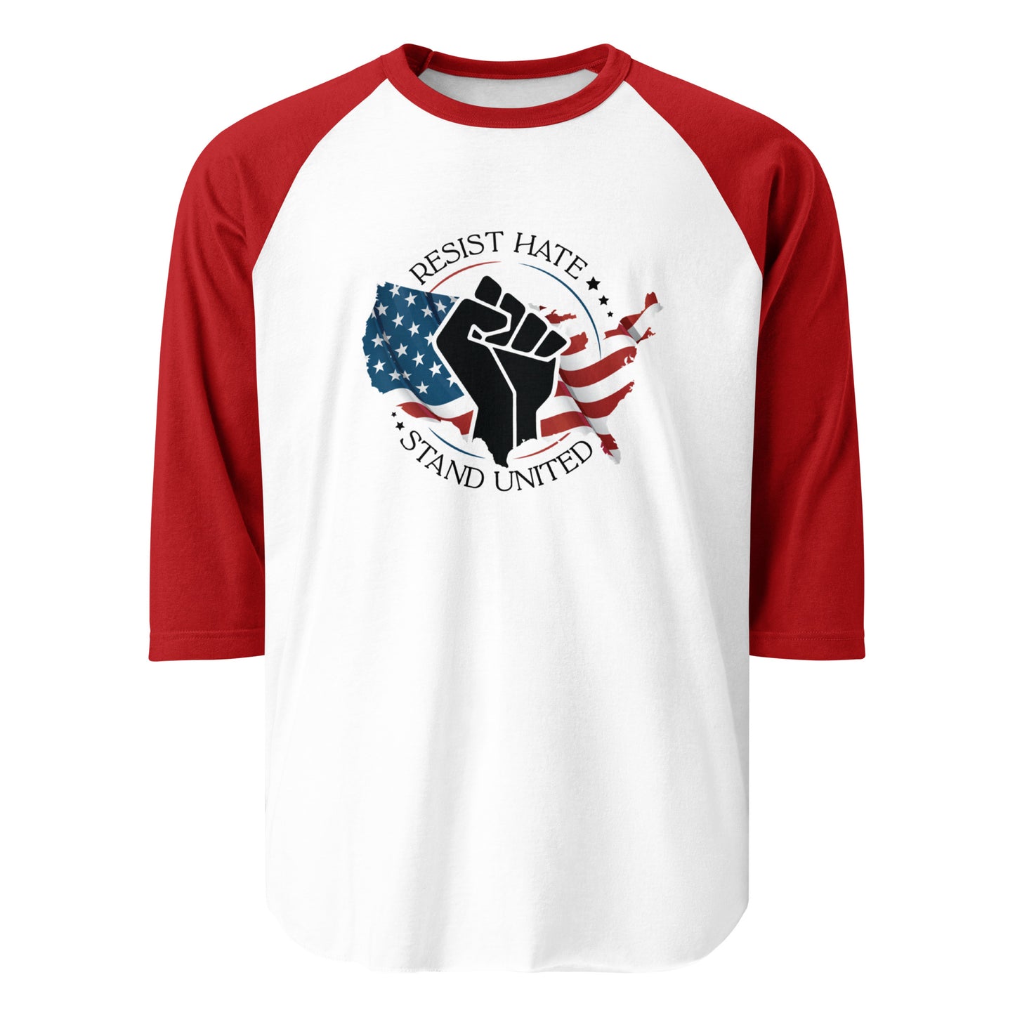 Resist Hate, Stand United - 3/4 Sleeve Raglan T-Shirt - Supporting Black Lives Matter and Equal Rights for All Americans Shirts & Tops Woke American Apparel White/Red XS