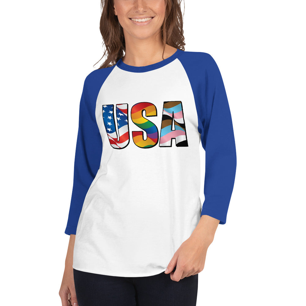 USA Pride - 3/4 Sleeve Raglan Shirt - Supporting Equal Rights for All Americans Shirts & Tops Woke American Apparel White/Royal XS