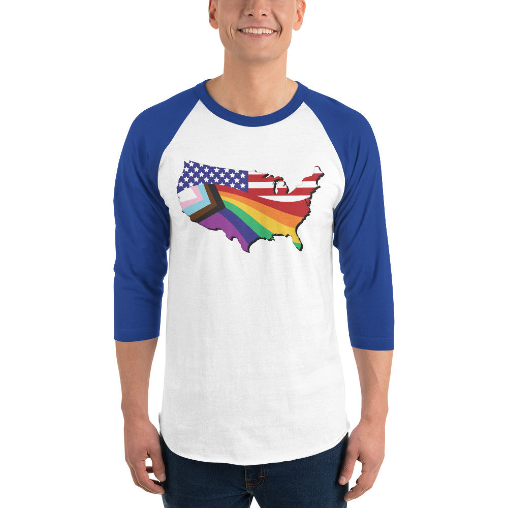 US Map Old Glory Pride - 3/4 Sleeve Raglan Shirt - Supporting Equal Rights for All Americans Shirts & Tops Woke American Apparel White/Royal XS