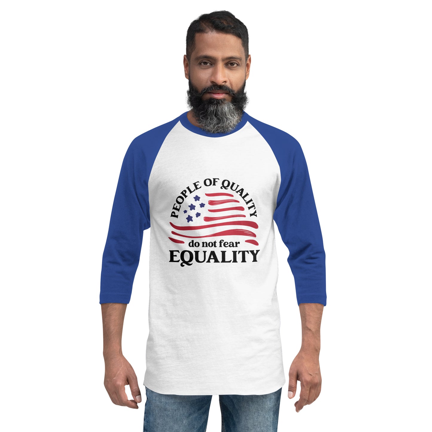 People of Quality Do Not Fear Equality - 3/4 Sleeve Raglan Shirt - Supporting Equal Rights for All Americans Shirts & Tops Woke American Apparel White/Royal XS