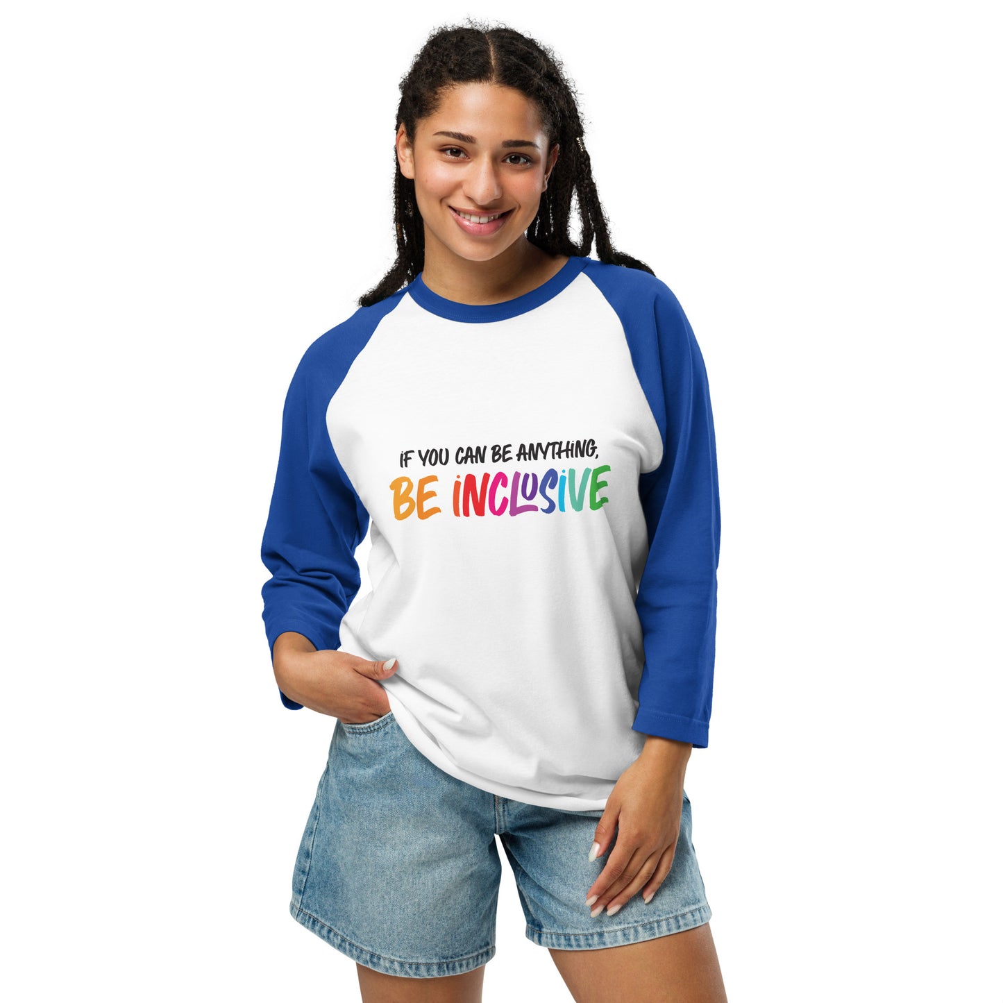 Be Inclusive - 3/4 Sleeve Raglan T-Shirt - Supporting Equal Rights for All Americans Shirts & Tops Woke American Apparel White/Royal XS