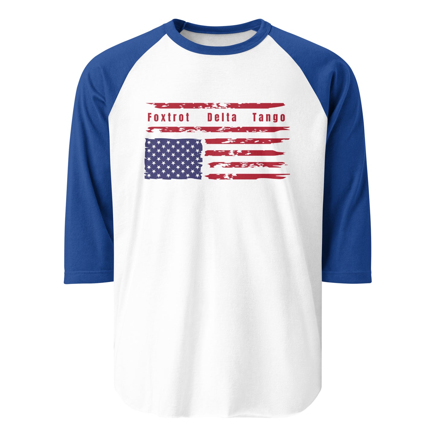 Foxtrot Delta Tango (Flag) - 3/4 Sleeve Raglan T-Shirt Shirts & Tops Woke American Apparel White/Royal XS