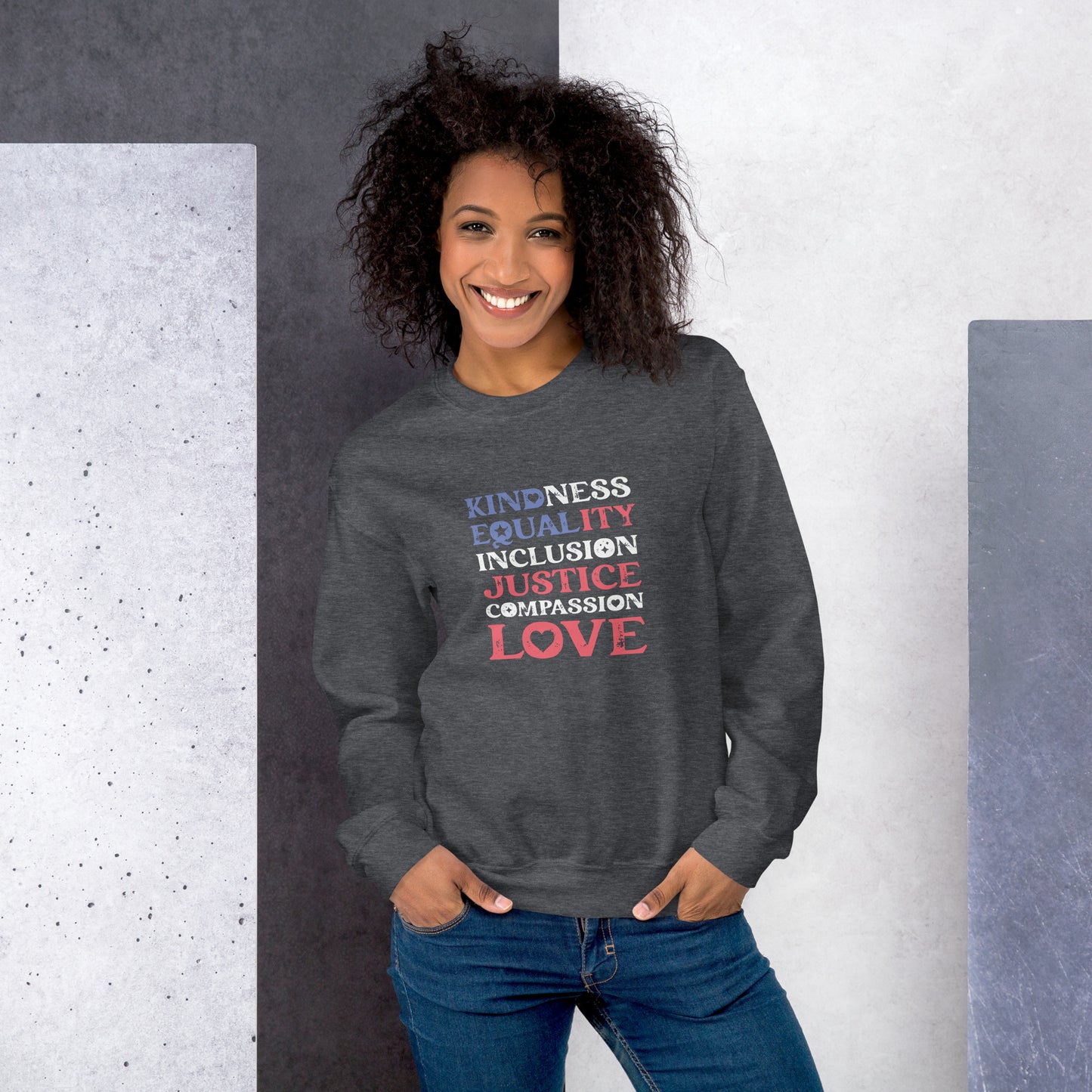 Kindness Equality Inclusion Justice Compassion Love - Unisex Sweatshirt - Supporting Equal Rights for All Americans Shirts & Tops Woke American Apparel Dark Heather S