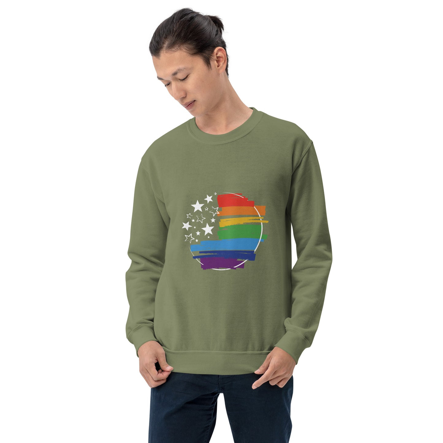 Stars & Pride - Unisex Sweatshirt - Supporting LGBTQIA+ Rights Shirts & Tops Woke American Apparel Military Green S