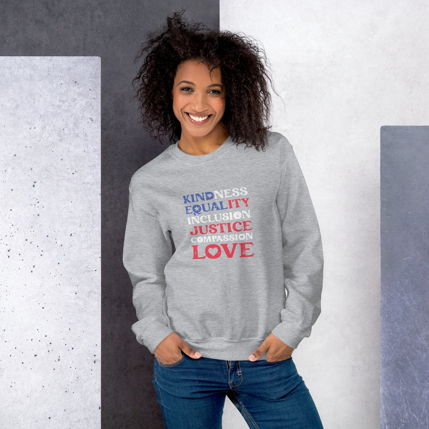 Kindness Equality Inclusion Justice Compassion Love - Unisex Sweatshirt - Supporting Equal Rights for All Americans Shirts & Tops Woke American Apparel Sport Grey S