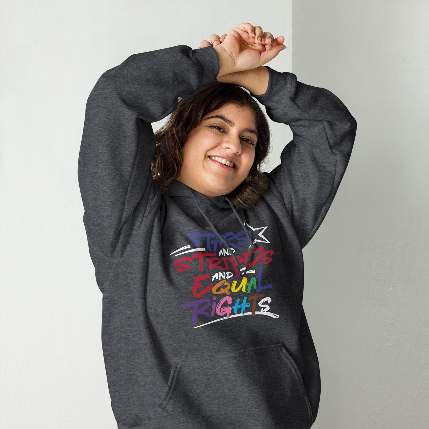 Stars and Stripes and Equal Rights (Rainbow Letters) - Unisex Hoodie in Dark Colors - Supporting Equal Rights for All Americans Shirts & Tops Woke American Apparel Dark Heather S