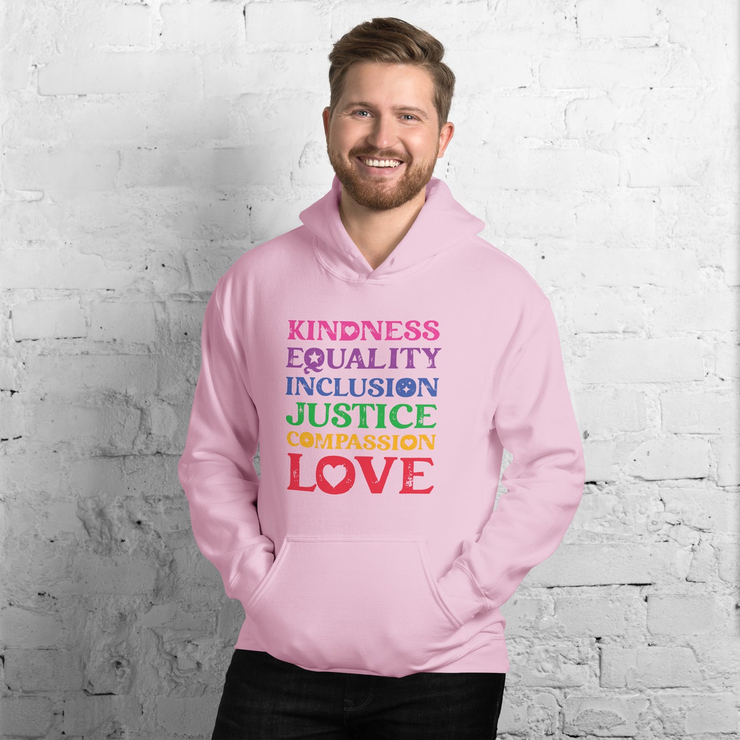 Kindness Equality Inclusion Justice Compassion Love (Rainbow) - Unisex Hoodie - Supporting Equal Rights for All Americans Shirts & Tops Woke American Apparel Light Pink S