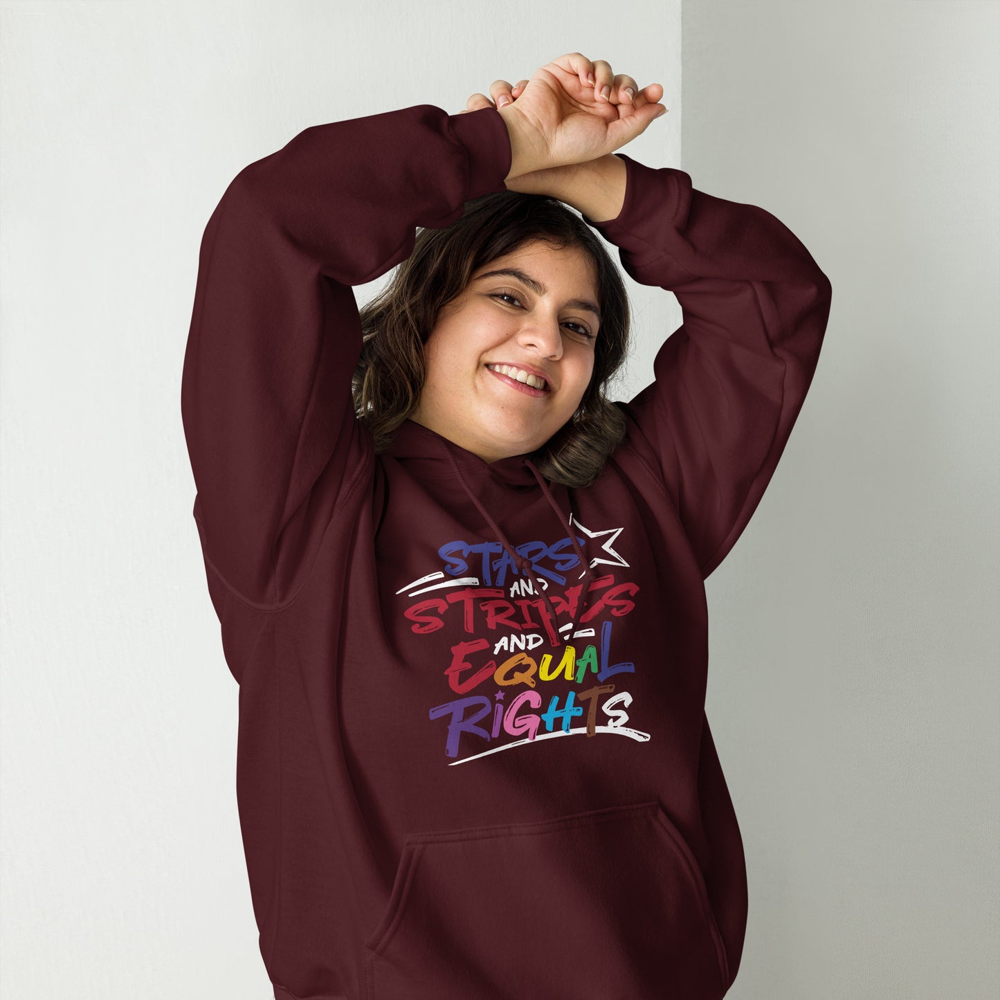 Stars and Stripes and Equal Rights (Rainbow Letters) - Unisex Hoodie in Dark Colors - Supporting Equal Rights for All Americans Shirts & Tops Woke American Apparel Maroon S