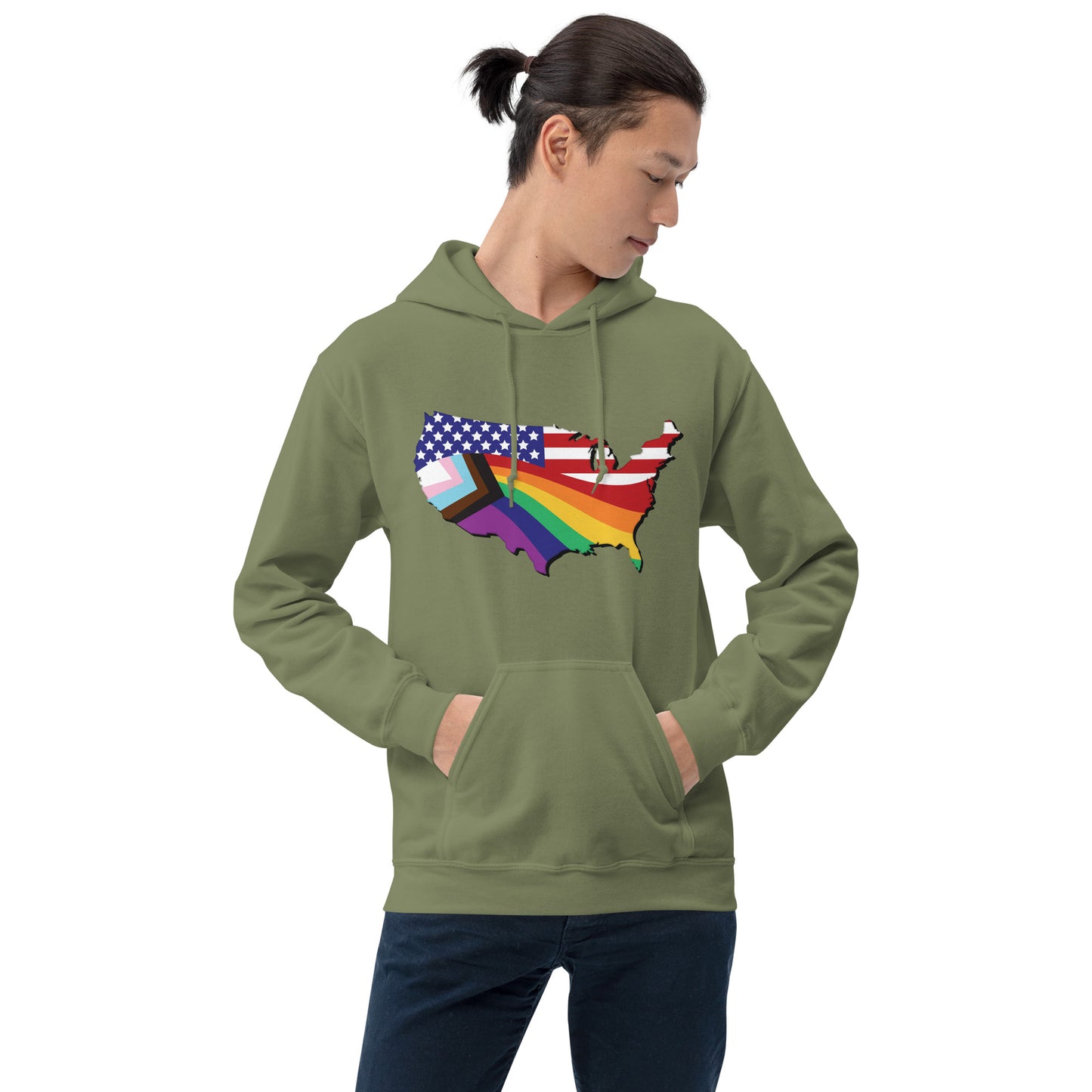 US Map Old Glory Pride - Unisex Hoodie - Supporting Equal Rights for All Americans Shirts & Tops Woke American Apparel Military Green S