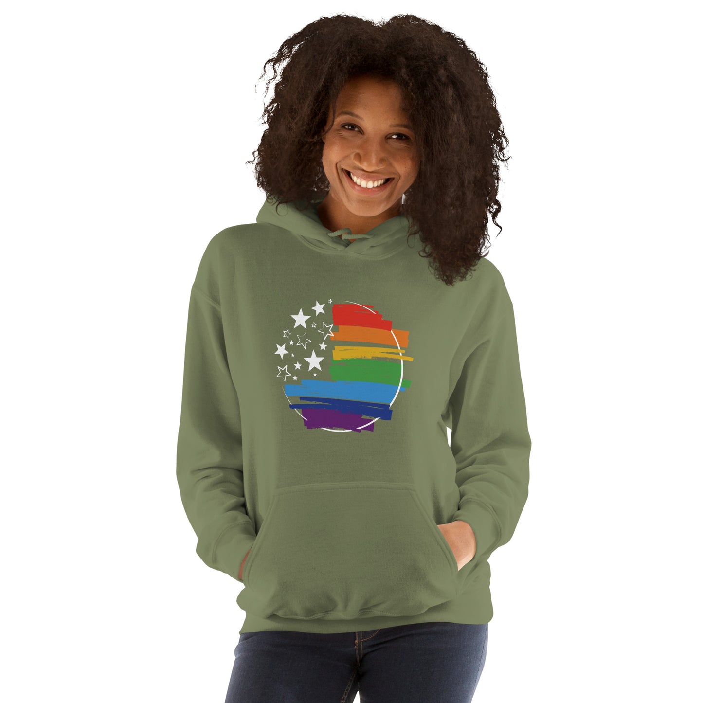 Stars & Pride - Unisex Hoodie - Supporting LGBTQIA+ Rights Shirts & Tops Woke American Apparel Military Green S