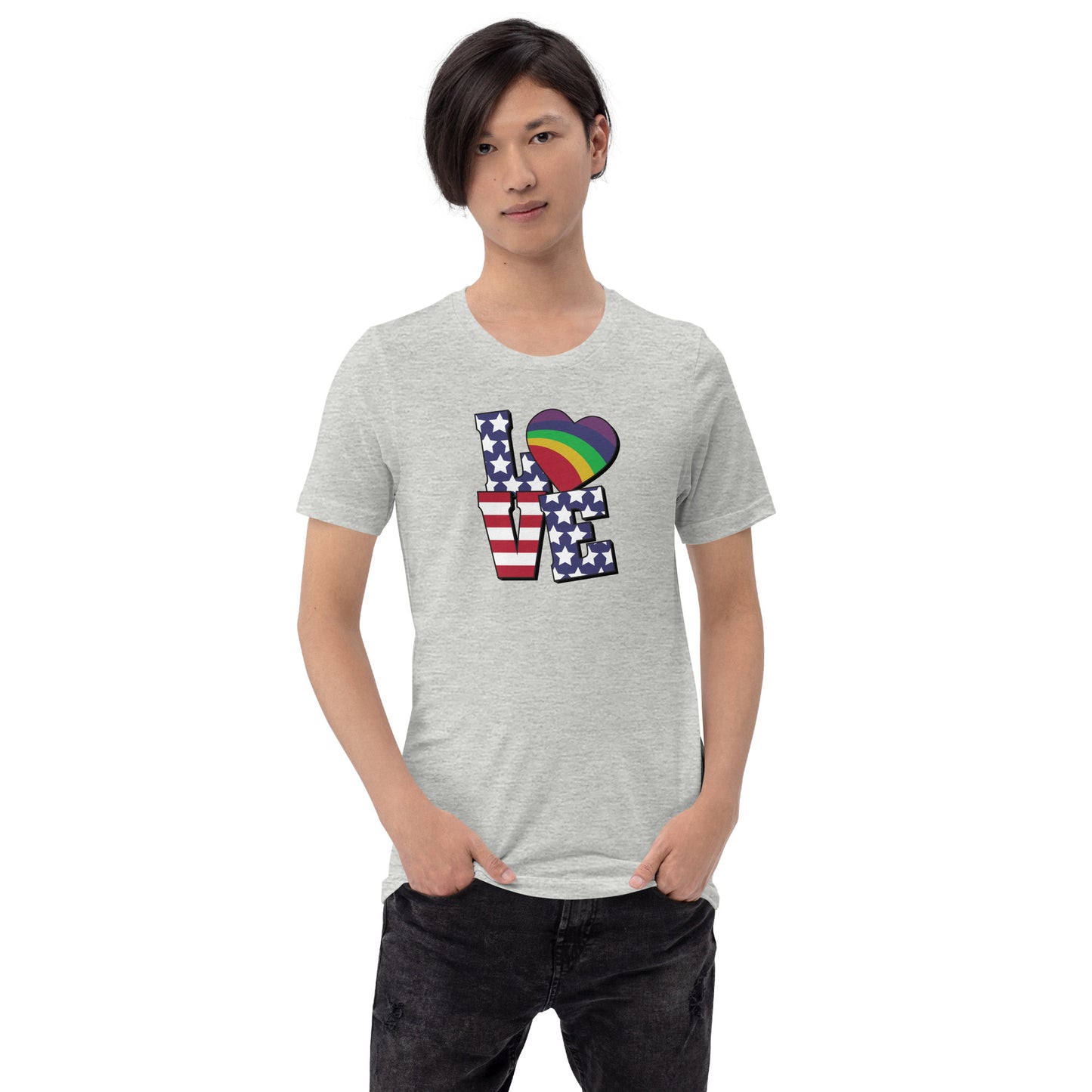 Old Glory Love with Rainbow Heart - Unisex T-Shirt - Supporting Equal Rights for All Americans Shirts & Tops Woke American Apparel Athletic Heather XS