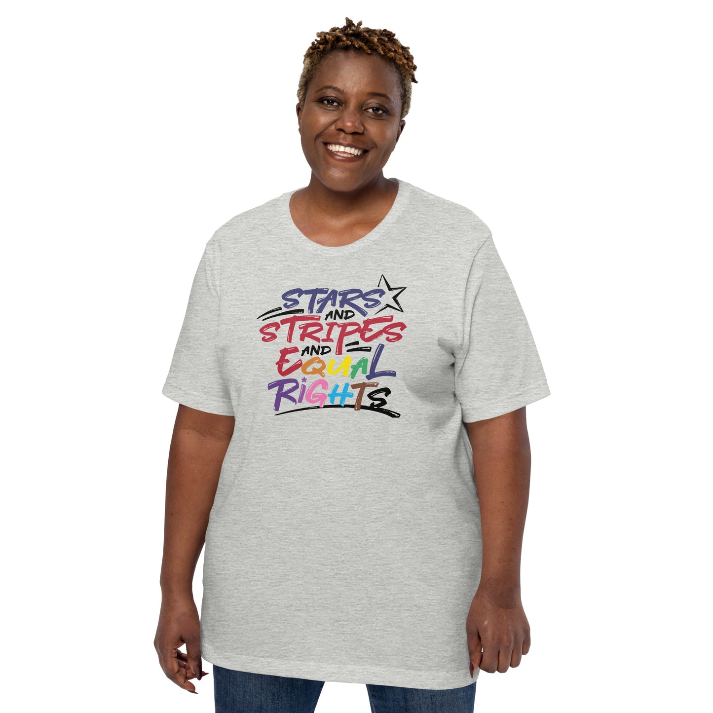 Stars and Stripes and Equal Rights (Rainbow Letters) - Unisex T-Shirt - Supporting Equal Rights for All Americans Shirts & Tops Woke American Apparel Athletic Heather XS
