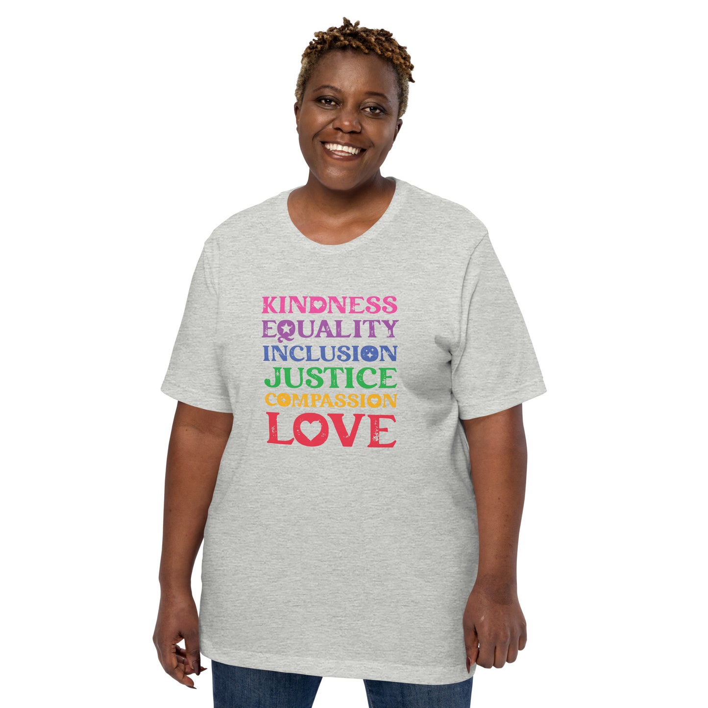 Kindness Equality Inclusion Justice Compassion Love (Rainbow) - Unisex T-Shirt - Supporting Equal Rights for All Americans Shirts & Tops Woke American Apparel Athletic Heather XS