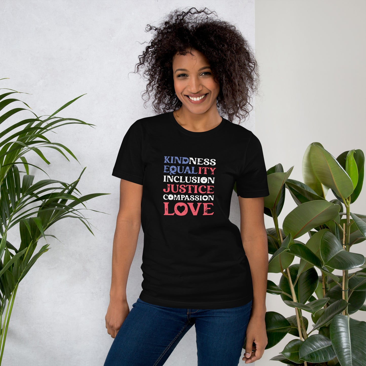 Kindness Equality Inclusion Justice Compassion Love - Unisex T-Shirt - Supporting Equal Rights for All Americans Shirts & Tops Woke American Apparel Black XS