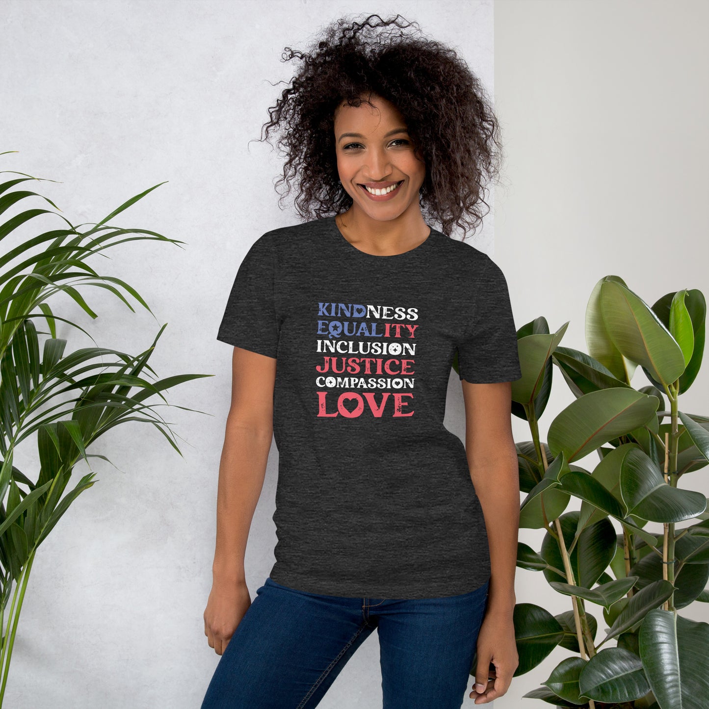 Kindness Equality Inclusion Justice Compassion Love - Unisex T-Shirt - Supporting Equal Rights for All Americans Shirts & Tops Woke American Apparel Dark Grey Heather XS