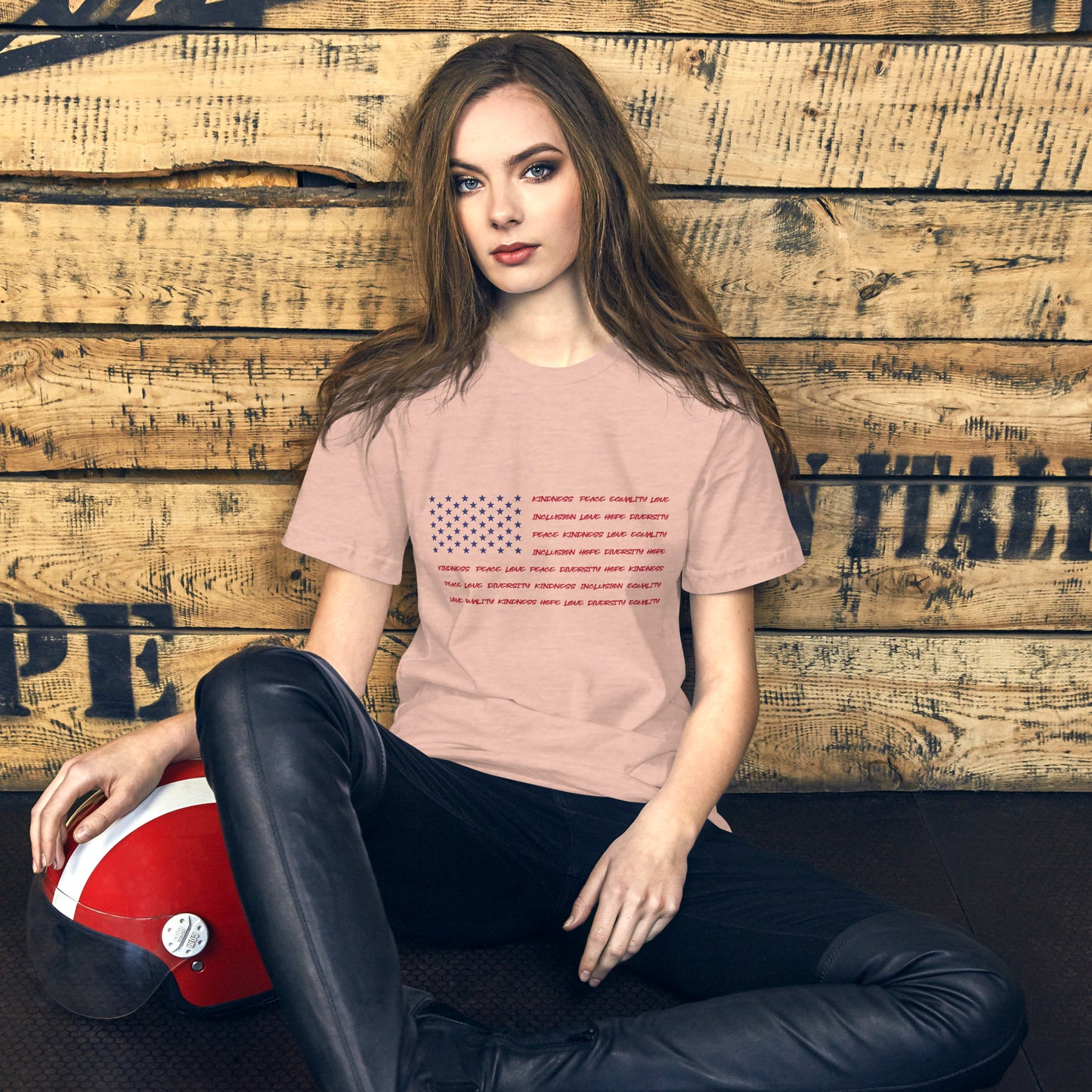 Flag Words of Kindness - Unisex T-Shirt - Supporting Equal Rights for All Americans Shirts & Tops Woke American Apparel Heather Prism Peach XS
