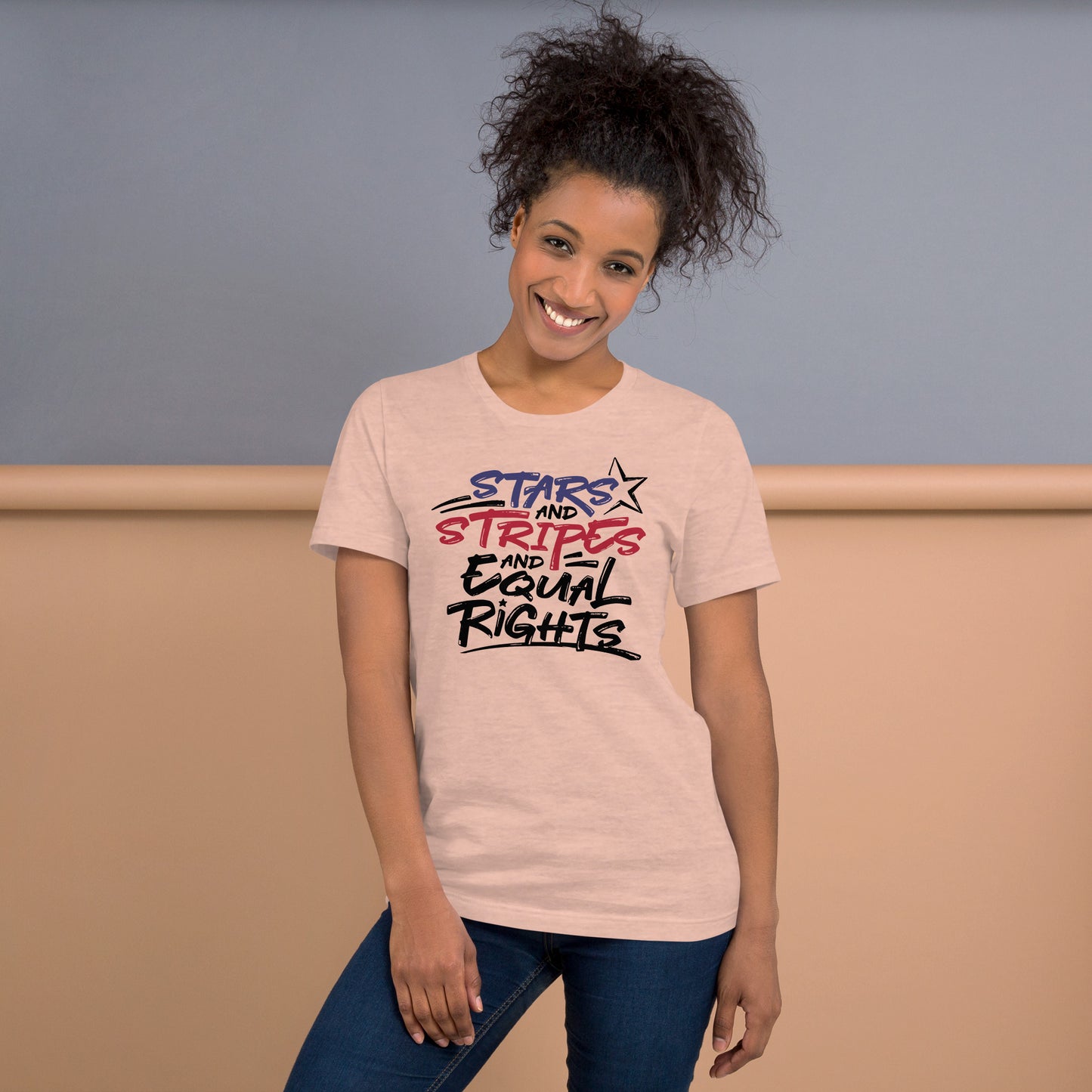 Stars and Stripes and Equal Rights - Unisex T-Shirt - Supporting Black Lives Matter and Equal Rights for All Americans Shirts & Tops Woke American Apparel Heather Prism Peach XS