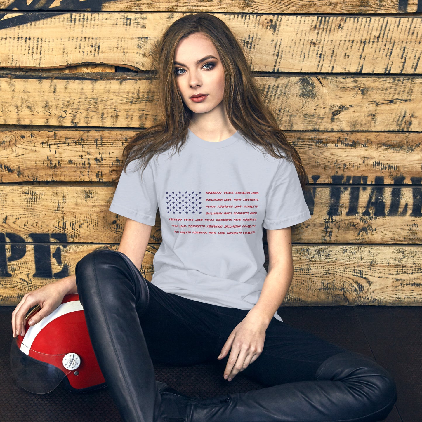 Flag Words of Kindness - Unisex T-Shirt - Supporting Equal Rights for All Americans Shirts & Tops Woke American Apparel Light Blue XS