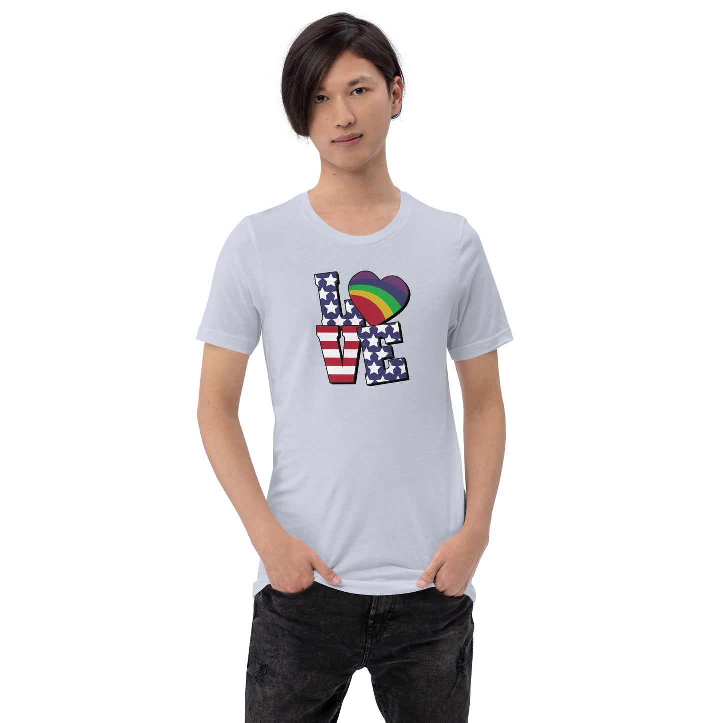 Old Glory Love with Rainbow Heart - Unisex T-Shirt - Supporting Equal Rights for All Americans Shirts & Tops Woke American Apparel Light Blue XS