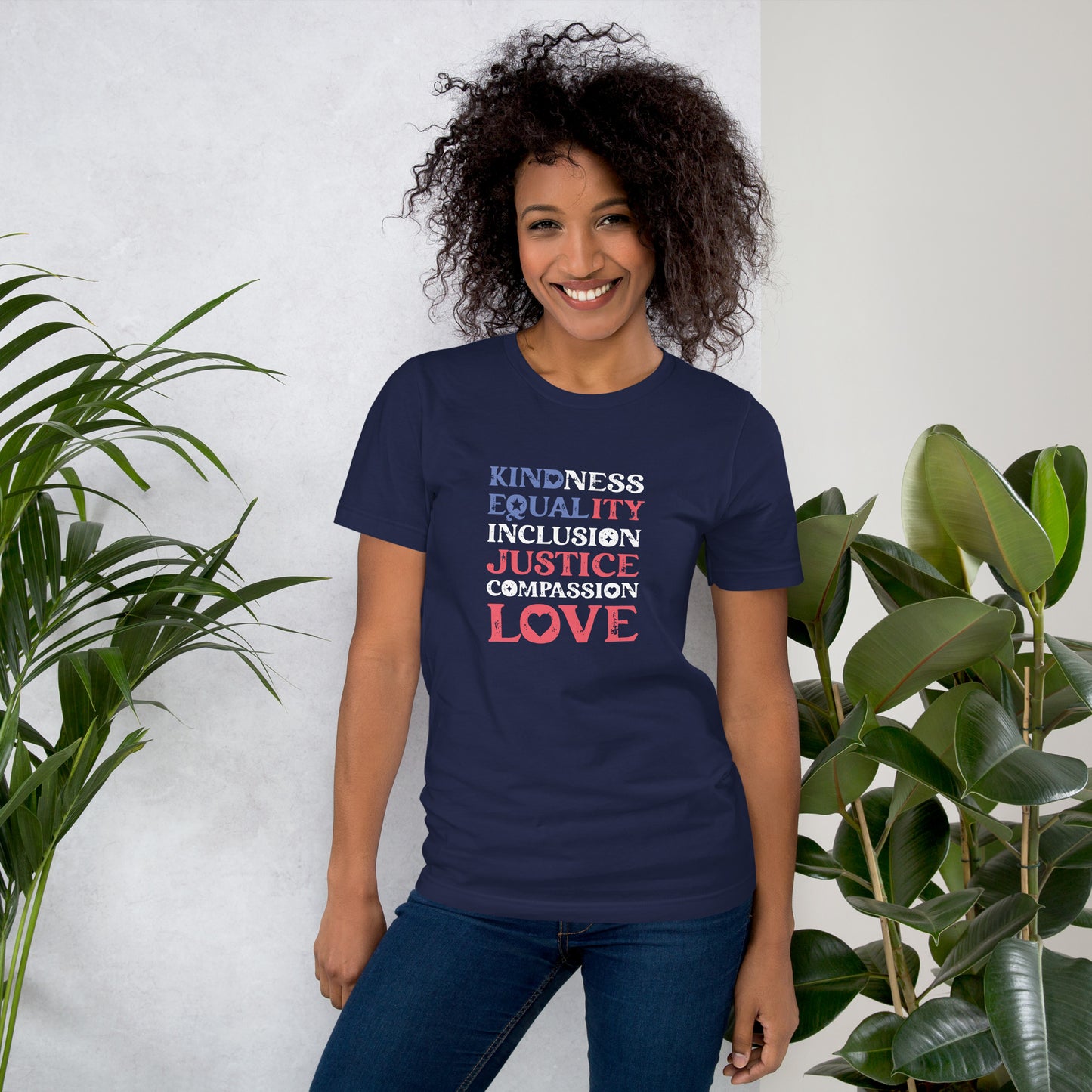 Kindness Equality Inclusion Justice Compassion Love - Unisex T-Shirt - Supporting Equal Rights for All Americans Shirts & Tops Woke American Apparel Navy XS