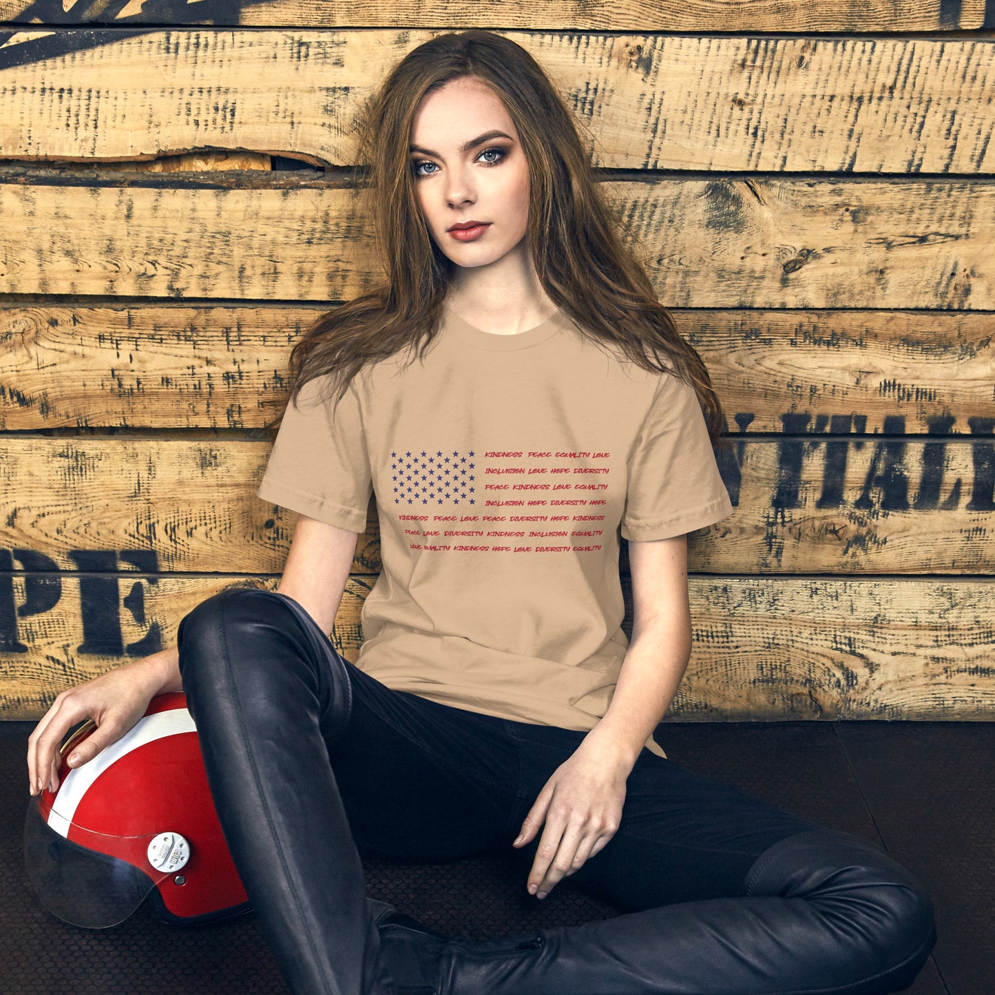 Flag Words of Kindness - Unisex T-Shirt - Supporting Equal Rights for All Americans Shirts & Tops Woke American Apparel Tan XS