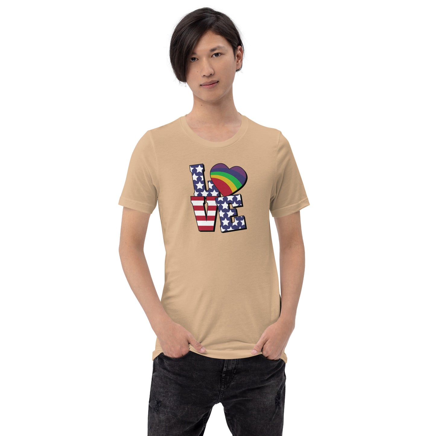 Old Glory Love with Rainbow Heart - Unisex T-Shirt - Supporting Equal Rights for All Americans Shirts & Tops Woke American Apparel Tan XS