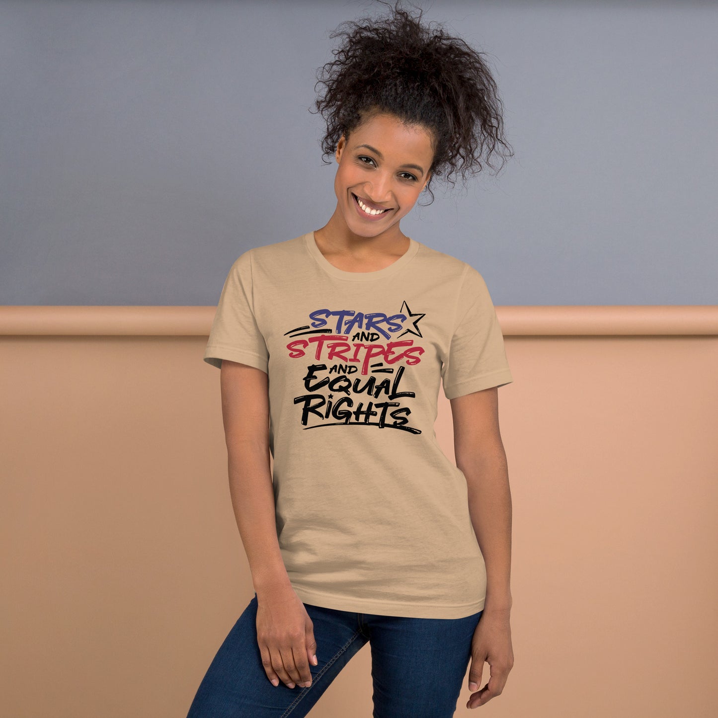 Stars and Stripes and Equal Rights - Unisex T-Shirt - Supporting Black Lives Matter and Equal Rights for All Americans Shirts & Tops Woke American Apparel Tan XS