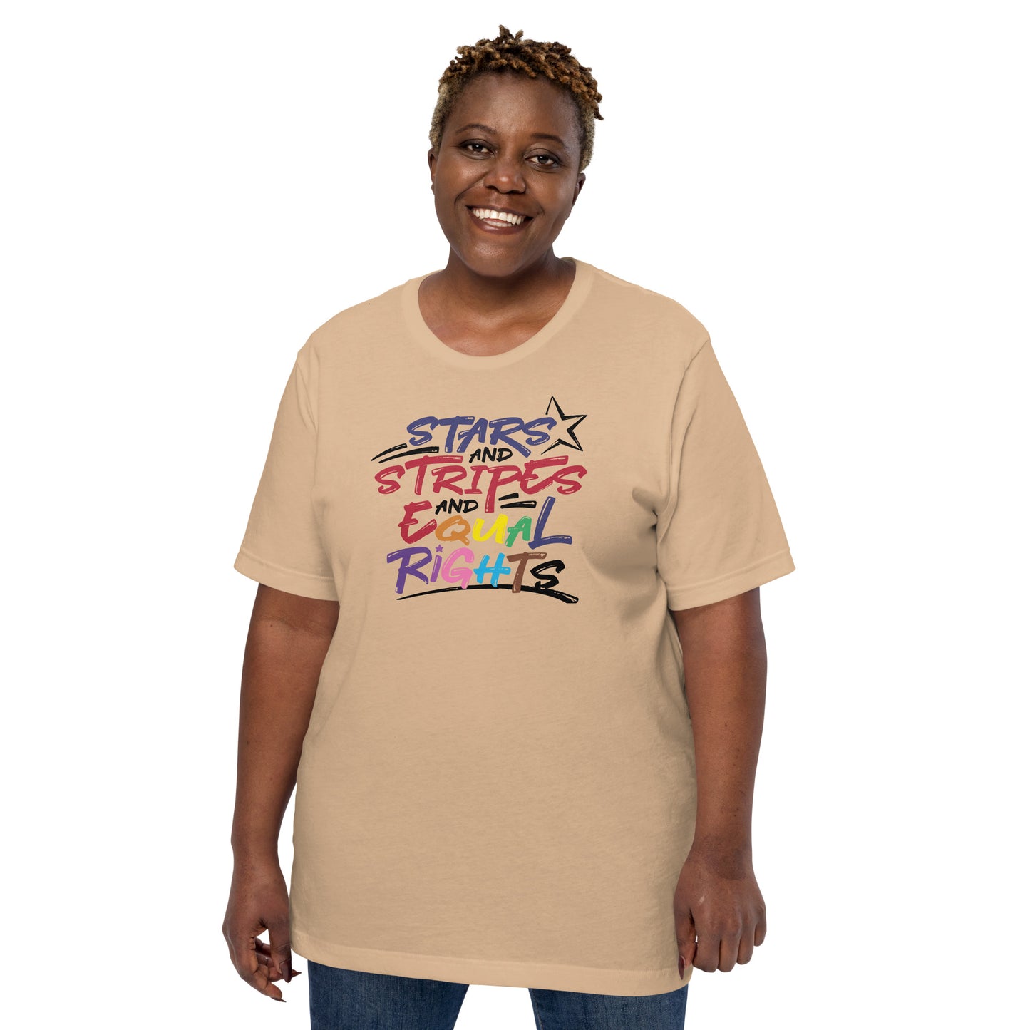 Stars and Stripes and Equal Rights (Rainbow Letters) - Unisex T-Shirt - Supporting Equal Rights for All Americans Shirts & Tops Woke American Apparel Tan XS