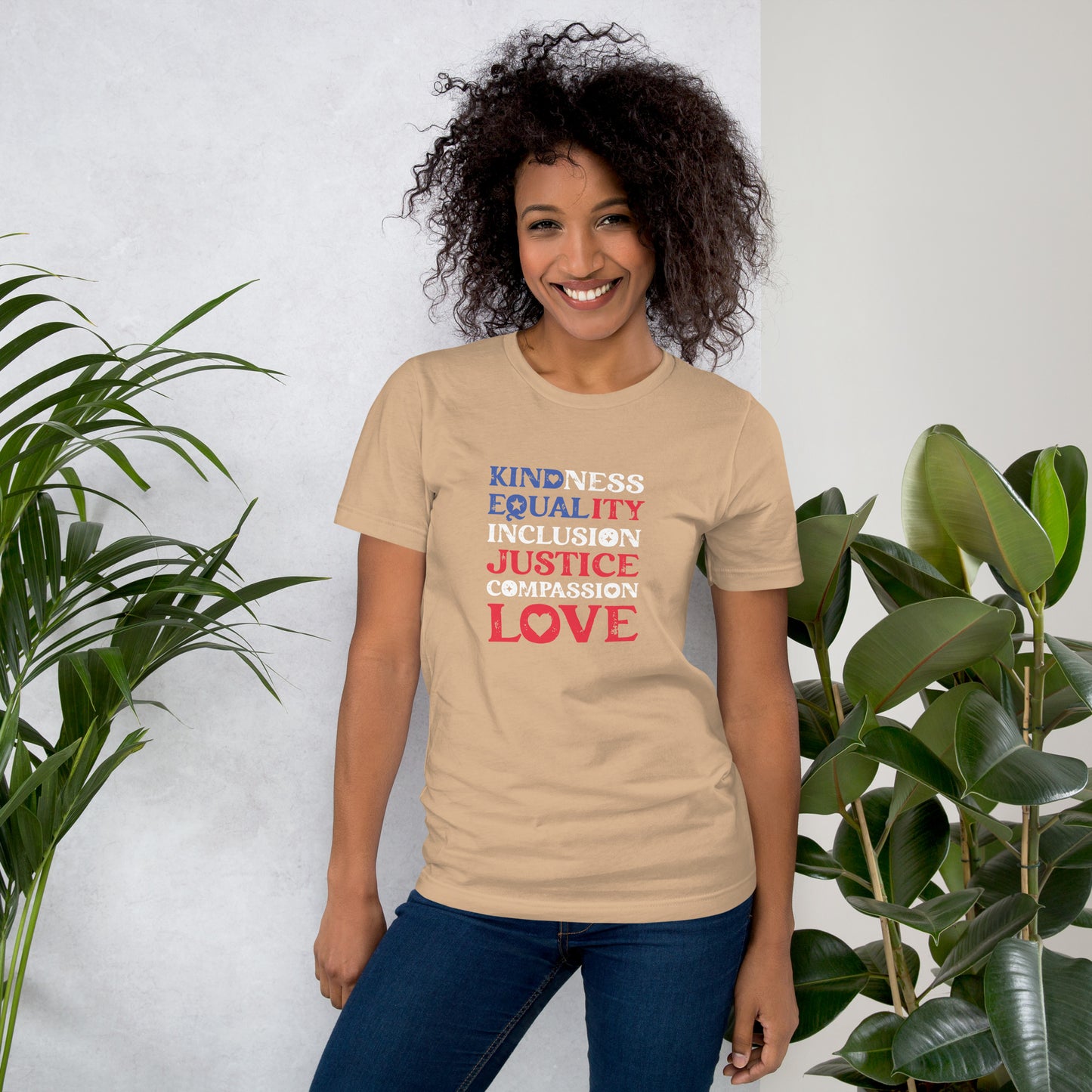 Kindness Equality Inclusion Justice Compassion Love - Unisex T-Shirt - Supporting Equal Rights for All Americans Shirts & Tops Woke American Apparel Tan XS