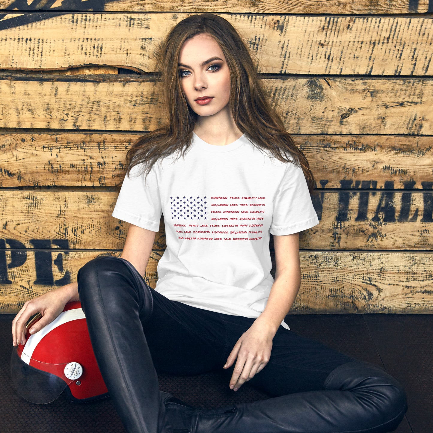 Flag Words of Kindness - Unisex T-Shirt - Supporting Equal Rights for All Americans Shirts & Tops Woke American Apparel White XS