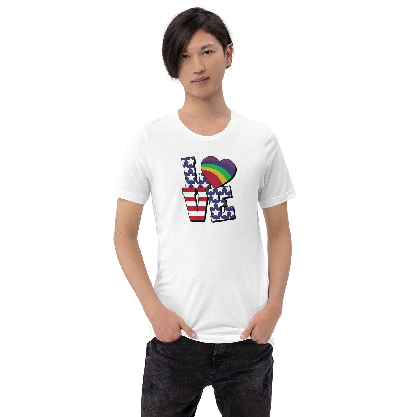 Old Glory Love with Rainbow Heart - Unisex T-Shirt - Supporting Equal Rights for All Americans Shirts & Tops Woke American Apparel White XS