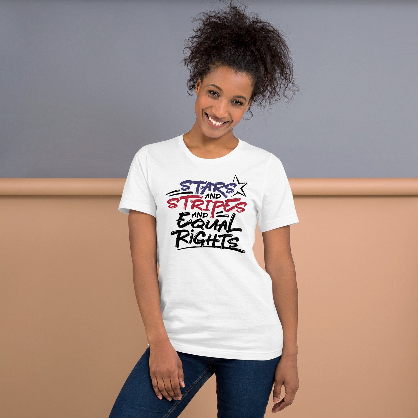 Stars and Stripes and Equal Rights - Unisex T-Shirt - Supporting Black Lives Matter and Equal Rights for All Americans Shirts & Tops Woke American Apparel White XS